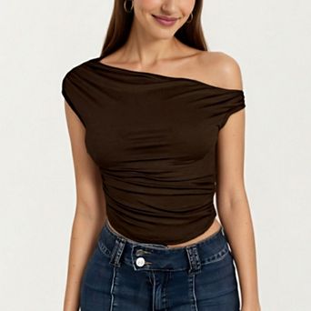 Women's One Shoulder Ruched Top with Asymmetrical Neckline and Soft Stretch Fabric