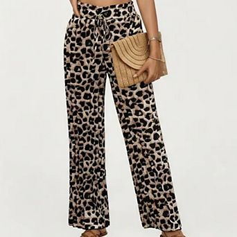 Women's High Waist Wide Leg Pants with Leopard Print and Adjustable Drawstring