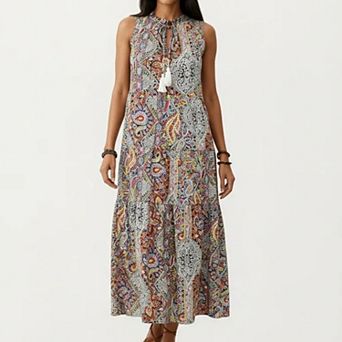 Women's Sleeveless Maxi Dress with Mixed Print Design and Tie Neck Detail
