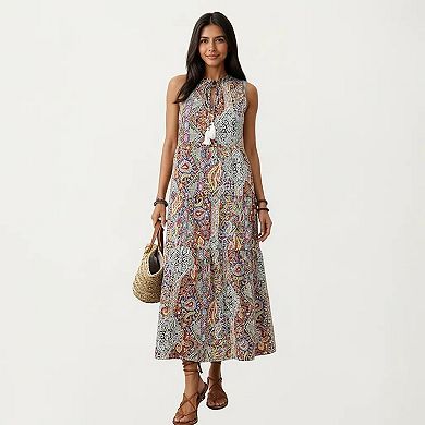 Women's Sleeveless Maxi Dress with Mixed Print Design and Tie Neck Detail