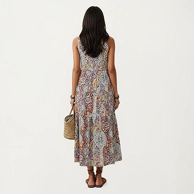 Women's Sleeveless Maxi Dress with Mixed Print Design and Tie Neck Detail