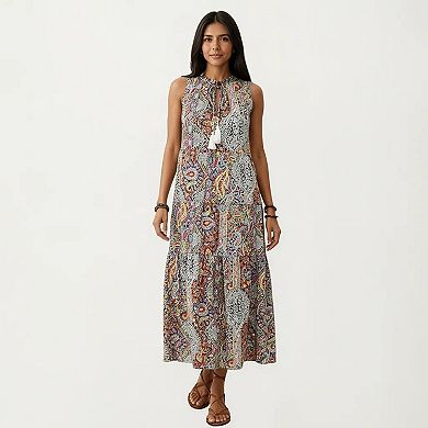 Women's Sleeveless Maxi Dress with Mixed Print Design and Tie Neck Detail