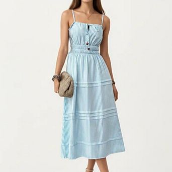 Women's Sleeveless Striped Midi Dress with Adjustable Straps Smocked Waist Button Front