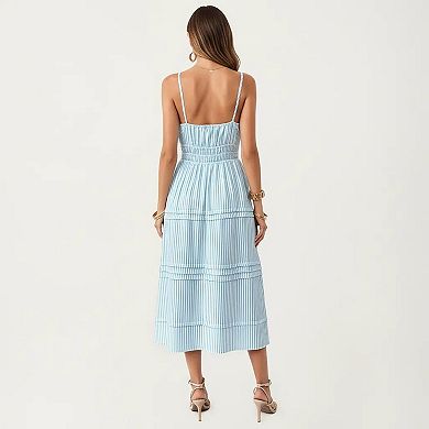 Women's Sleeveless Striped Midi Dress with Adjustable Straps Smocked Waist Button Front