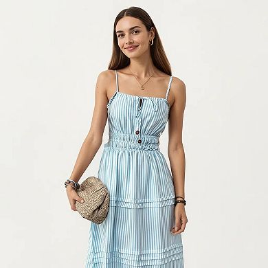 Women's Sleeveless Striped Midi Dress with Adjustable Straps Smocked Waist Button Front