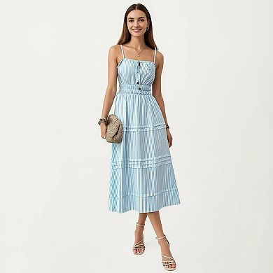 Women's Sleeveless Striped Midi Dress with Adjustable Straps Smocked Waist Button Front