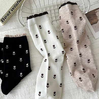 Women's 3 Pair Crew Socks Minimal Printed Design Soft Stretch Knit Mid Calf Casual Sock Set