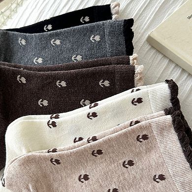 Women's 3 Pair Crew Socks Minimal Printed Design Soft Stretch Knit Mid Calf Casual Sock Set