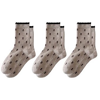 Women's 3 Pair Crew Socks Minimal Printed Design Soft Stretch Knit Mid Calf Casual Sock Set