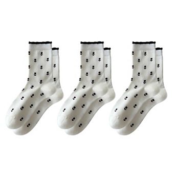 Women's 3 Pair Crew Socks Minimal Printed Design Soft Stretch Knit Mid Calf Casual Sock Set