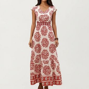 Women's Cap Sleeve Maxi Dress with V Neckline and Smocked Waist Detail