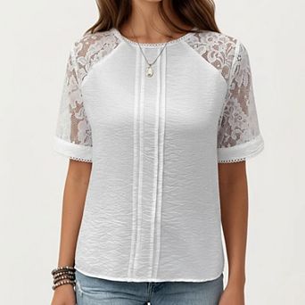 Women's Short Sleeve Textured Knit Top with Lace Raglan Sleeves and Vertical Seam Detail