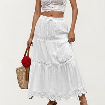 Women's High Waist Tiered Midi Skirt with Eyelet Trim