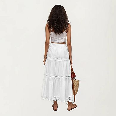 Women's High Waist Tiered Midi Skirt with Eyelet Trim