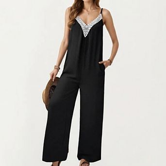 Women's Sleeveless Wide Leg Jumpsuit with Lace Trim V Neck Adjustable Straps and Side Pockets