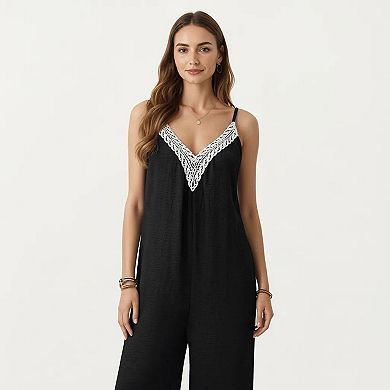 Women's Sleeveless Wide Leg Jumpsuit with Lace Trim V Neck Adjustable Straps and Side Pockets