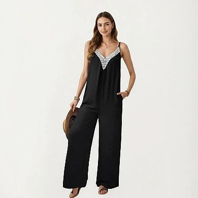 Women's Sleeveless Wide Leg Jumpsuit with Lace Trim V Neck Adjustable Straps and Side Pockets