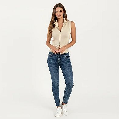 Women's Sleeveless Ribbed Knit Zip Front Collared Top
