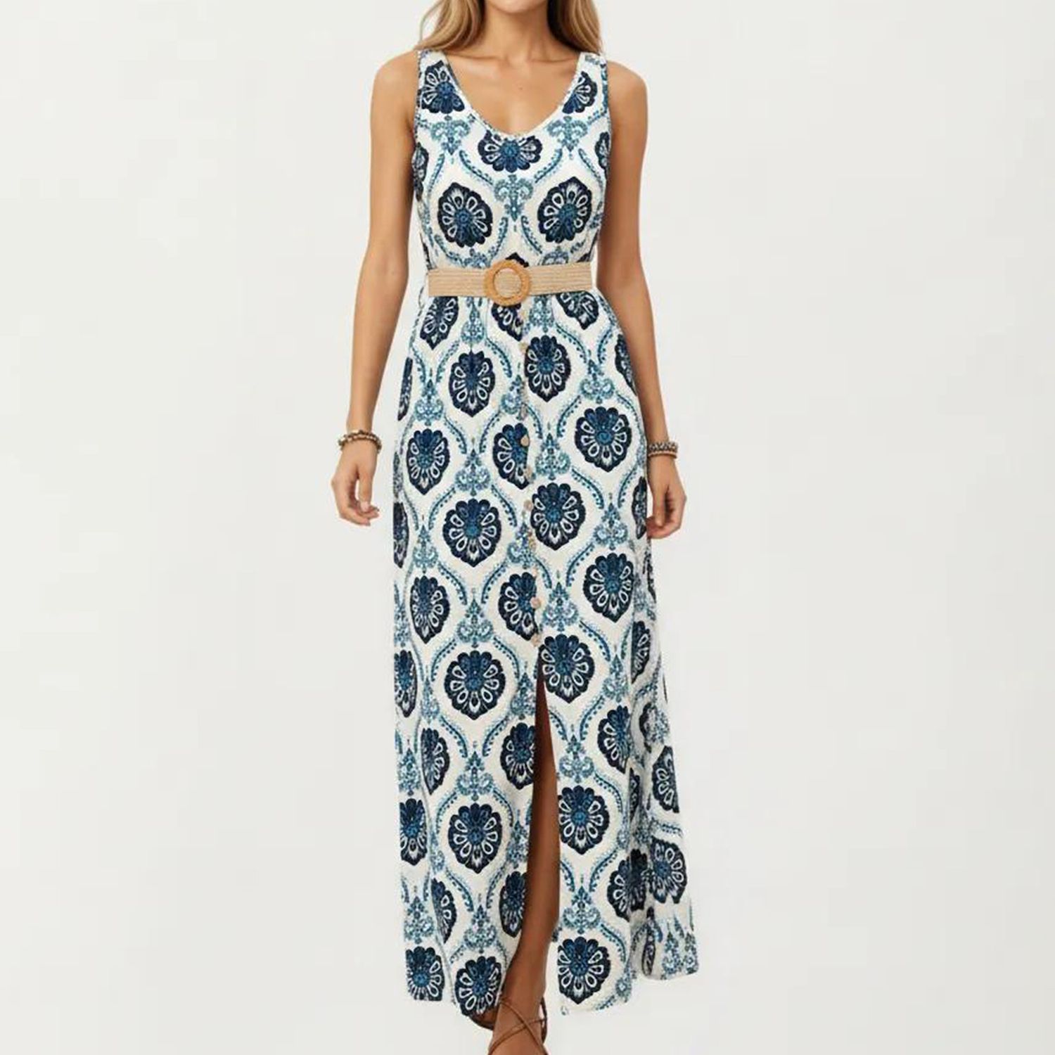 Женские платья Sleeveless Maxi Dress with Medallion Pattern Belted Waist and Front Slit