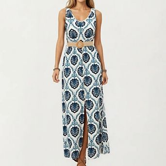 Women's Sleeveless Maxi Dress with Medallion Pattern Belted Waist and Front Slit