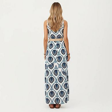Women's Sleeveless Maxi Dress with Medallion Pattern Belted Waist and Front Slit