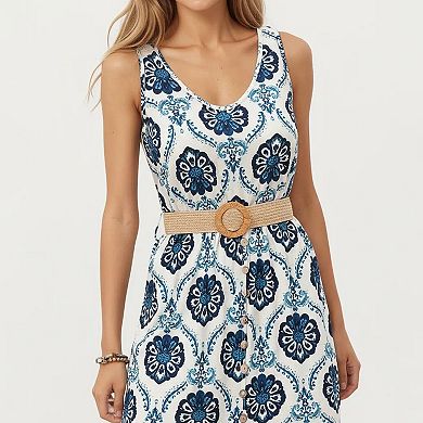 Women's Sleeveless Maxi Dress with Medallion Pattern Belted Waist and Front Slit