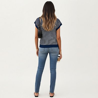 Striped Knit Cap Sleeve Top with Ribbed Trim and Relaxed Fit