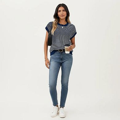Striped Knit Cap Sleeve Top with Ribbed Trim and Relaxed Fit