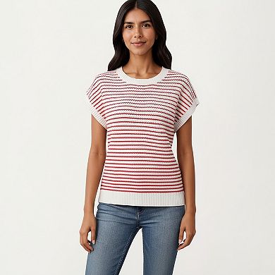 Striped Knit Cap Sleeve Top with Ribbed Trim and Relaxed Fit