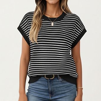 Striped Knit Cap Sleeve Top with Ribbed Trim and Relaxed Fit