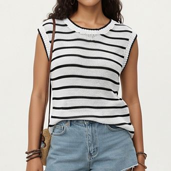 Striped Knit Cap Sleeve Top with Ribbed Trim and Relaxed Fit