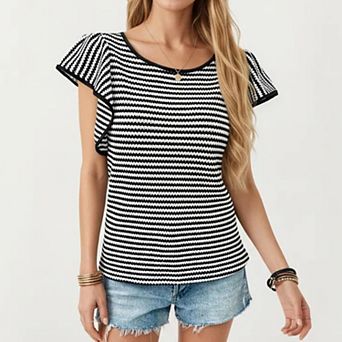 Women's Striped Short Sleeve Knit Top with Ruffle Sleeve Detail