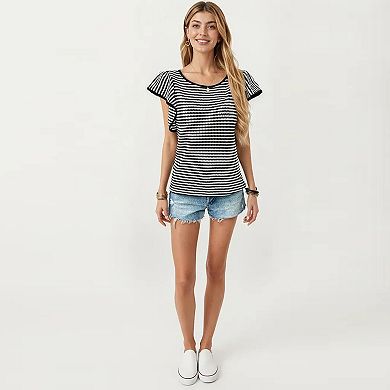 Women's Striped Short Sleeve Knit Top with Ruffle Sleeve Detail