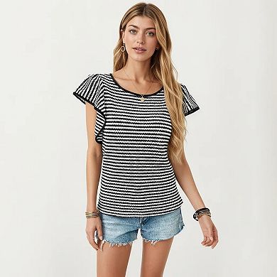 Women's Striped Short Sleeve Knit Top with Ruffle Sleeve Detail