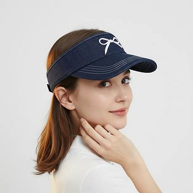 Women's Denim Visor Hat with Curved Brim Adjustable Back Bow Accent Casual Headwear
