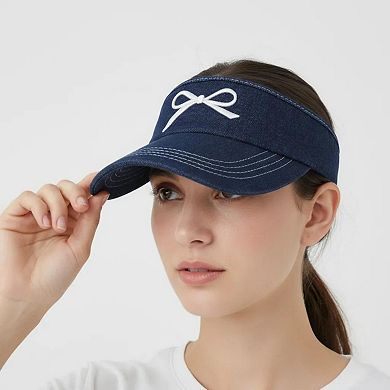 Women's Denim Visor Hat with Curved Brim Adjustable Back Bow Accent Casual Headwear