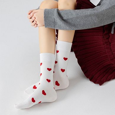 Women's 3 Pair Crew Socks Heart Pattern Soft Stretch Knit Mid Calf Length Casual Giftable Sock Set