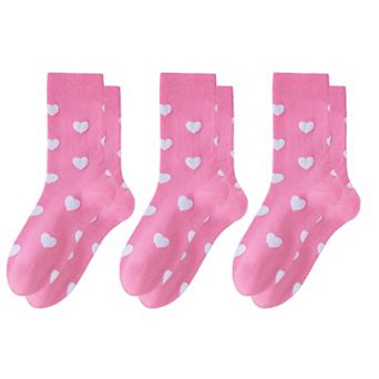 Women's 3 Pair Crew Socks Heart Pattern Soft Stretch Knit Mid Calf Length Casual Giftable Sock Set