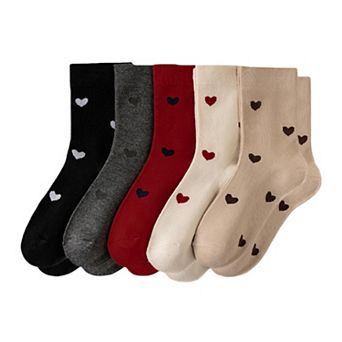 Women's 5 Pair Crew Socks Heart Pattern Soft Stretch Knit Mid Calf Casual Giftable Sock Set