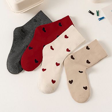 Women's 5 Pair Crew Socks Heart Pattern Soft Stretch Knit Mid Calf Casual Giftable Sock Set