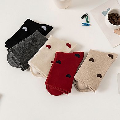 Women's 5 Pair Crew Socks Heart Pattern Soft Stretch Knit Mid Calf Casual Giftable Sock Set