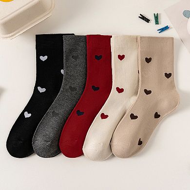 Women's 5 Pair Crew Socks Heart Pattern Soft Stretch Knit Mid Calf Casual Giftable Sock Set