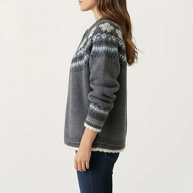 Women's Button Front Knit Cardigan with Crew Neckline and Nordic Inspired Pattern Detail