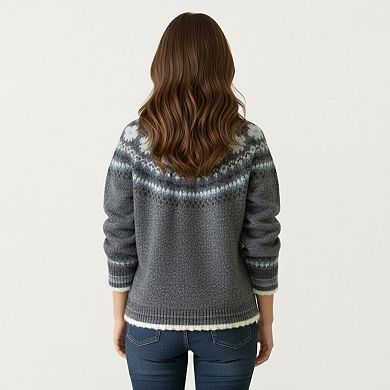 Women's Button Front Knit Cardigan with Crew Neckline and Nordic Inspired Pattern Detail