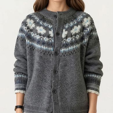 Women's Button Front Knit Cardigan with Crew Neckline and Nordic Inspired Pattern Detail