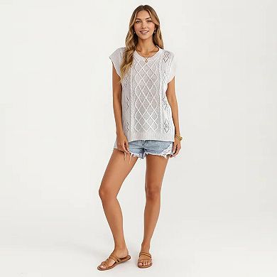 Women's Sleeveless Diamond Cable Knit Pullover Sweater Top with Ribbed Trim and Relaxed Fit