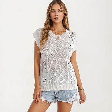 Women's Sleeveless Diamond Cable Knit Pullover Sweater Top with Ribbed Trim and Relaxed Fit