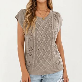 Women's Sleeveless Diamond Cable Knit Pullover Sweater Top with Ribbed Trim and Relaxed Fit