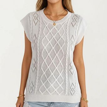 Women's Sleeveless Diamond Cable Knit Pullover Sweater Top with Ribbed Trim and Relaxed Fit