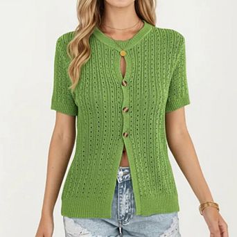 Women's Short Sleeve Open Knit Button Front Sweater Top with Crew Neck and Relaxed Fit